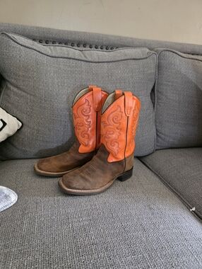 Old West Brown Leather Boots with Orange Embroidered Shaft